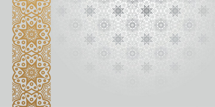 White abstract background with luxurious Islamic Arabic patterns. Elegant design with sparkling gold ornament decoration. EPS. 5