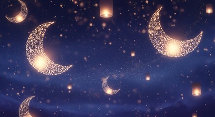 Naklejka premium Dreamy Night Sky Background with Sparkling Glitter Moons, Bokeh, and Floating Lanterns