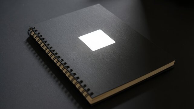 Black spiral bound notebook with blank white square on cover