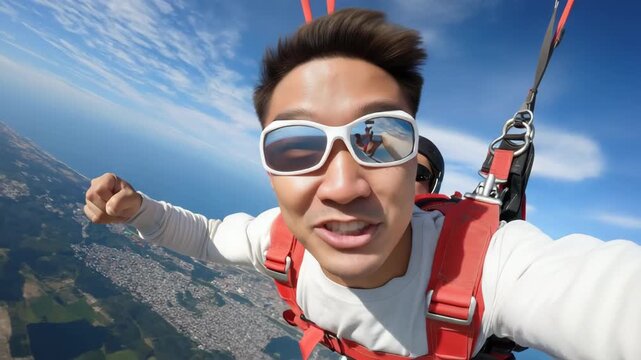 Excited skydiver soaring over scenic coastal landscape at high altitude