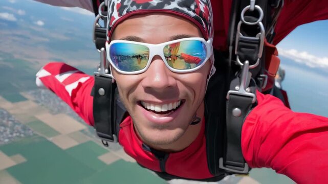 Excited skydiver freefalling with vibrant parachute over scenic landscapes
