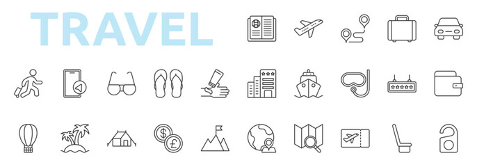 Travel icon outline style with passport, airplane, route, suitcase, car rental, hotel, cruise, snorkeling icons