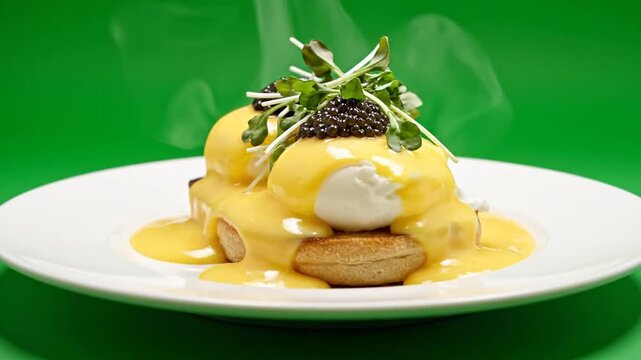 Steaming plate of eggs benedict with hollandaise sauce and microgreens on a white plate against a green background.