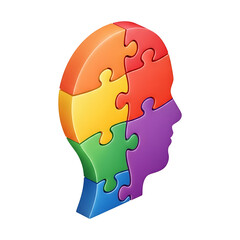 Colorful puzzle pieces forming human head profile, mental health awareness concept for psychology education and diversity
