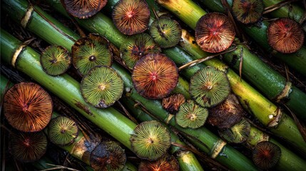 Mushrooms nestled amongst vibrant green bamboo stalks