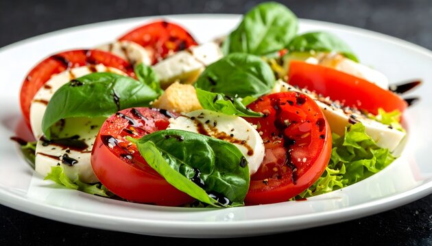 Ensalada caprese cl&aacute;sica con tomate, mozzarella y albahaca fresca en plato blanco