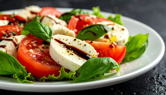 Ensalada caprese con tomate maduro, mozzarella fresca y albahaca con reducci&oacute;n bals&aacute;mica