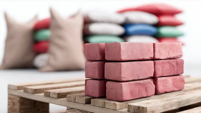 Progression of stacked bricks on wooden pallet with colorful pillow backdrop