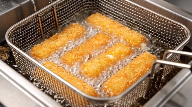 Crispy Mozzarella Sticks Deep Frying in Hot Oil at a Restaurant.