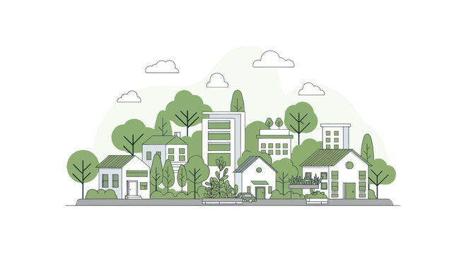 Flat illustration of a green, eco-friendly neighborhood with houses and trees.