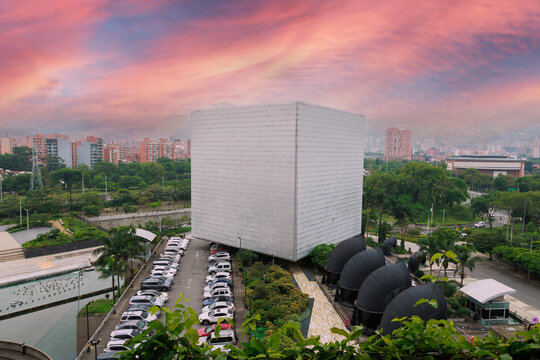 Medellin, Colombia, February 2026: Casa de la Musica modern cube building at sunset in Parque de los Deseos urban area