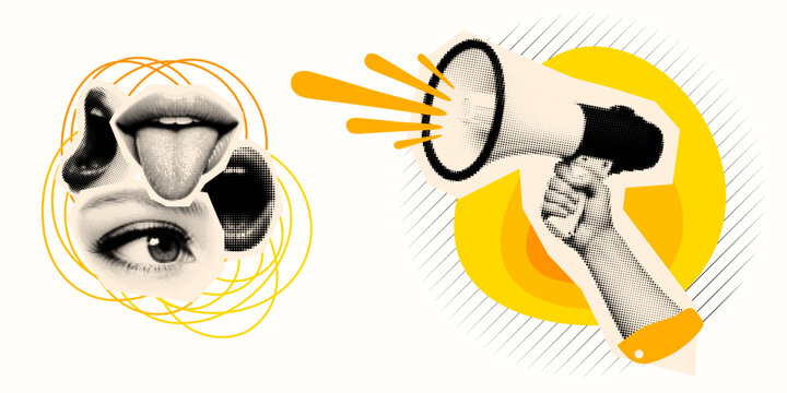Pop art halftone collage close up mouth and eye with raised hand holding megaphone angled low vector design in yellow bold