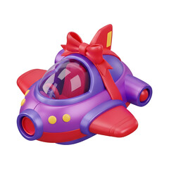 Purple toy airplane with red ribbon bow on top, glossy 3D render isolated on transparent, celebration gift concept design