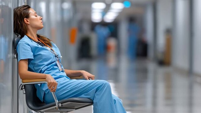 Exhausted Nurse in Hospital Hallway: A healthcare professional, clad in scrubs, finds a moment of respite on a chair in a brightly lit hospital hallway, the weariness evident in her posture.