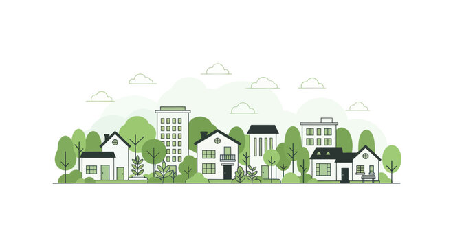 Cozy suburban neighborhood with modern houses and green trees, flat design.