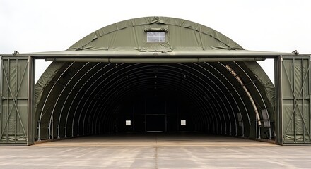 Large military hangar with open doors and arched roof structure.
