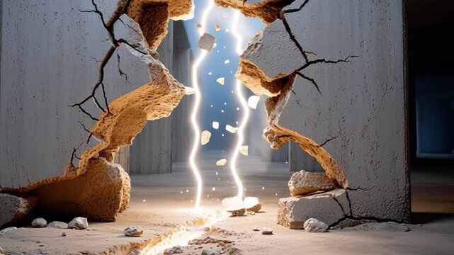 Breaking Through: Abstract depiction of a dynamic force, symbolizing a breakthrough of power and disruption against an architectural wall, with bright lines of energy ripping through.