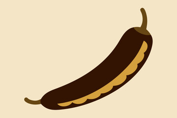 Dark brown bean pod with yellow seeds on beige background
