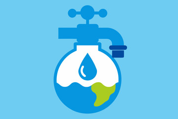 Earth globe with water tap and dripping water drop