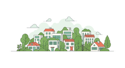 Flat illustration of a suburban neighborhood with houses and trees, vector graphic