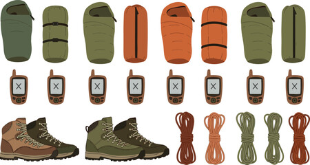 Camping gear illustration set, hiking equipment icon pack, outdoor adventure graphic, sleeping bag rope GPS boot artwork, colorful vector design © afjal