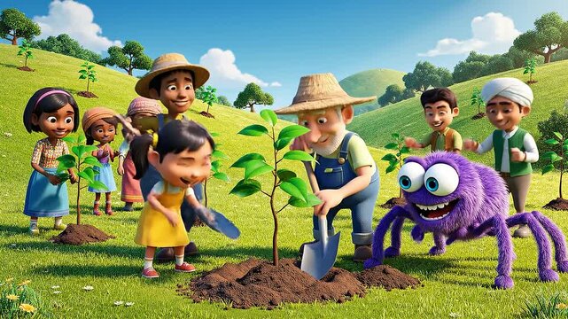Animated diverse children and friendly purple spider planting saplings on sunny grassy hill with trees and blue sky