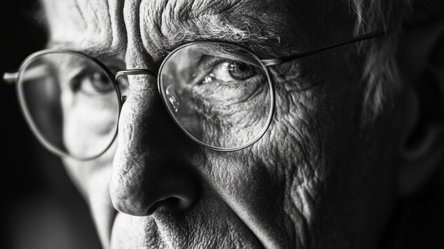 The man looks exhausted, his face is unshaven, and he wears glasses. He seems to be looking off into the distance with a serious expression.