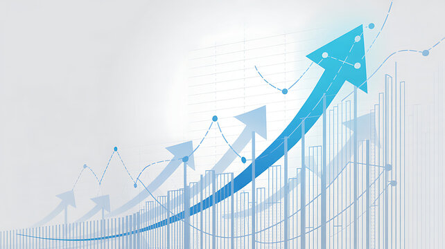 Financial business growth chart with rising blue arrows and bar graphs on a light background.