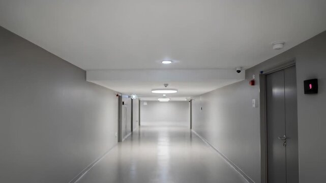 Medium shot of an LED ceiling fixture illuminating a modern corridor with motion sensors subtly visible in the blurred background.