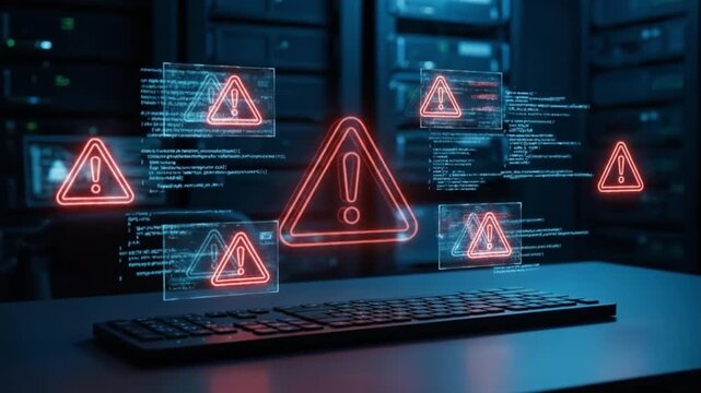 Cyber security cyber attack data breach malware warning symbol red alert computer screen digital code server room information technology network security risk hacking threat digital glitch system