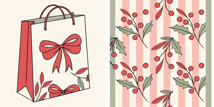 Shopping bag with red bow and holly berry seamless pattern vector shopping seamless illustration christmas consumer background wallpaper wrapping decoration celebration greeting