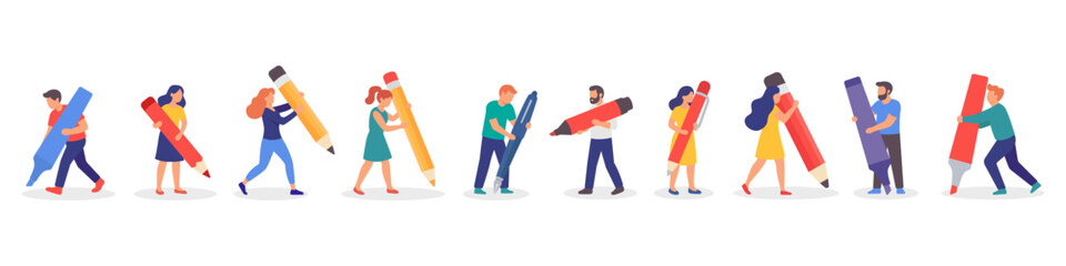 Set of people with giant pens and pencils. Colorful illustration of men and women carrying oversized writing tools