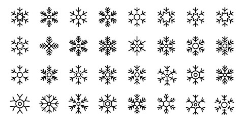 Collection of 32 black snowflakes. Minimal winter vector illustration set for holiday, Christmas, and seasonal designs