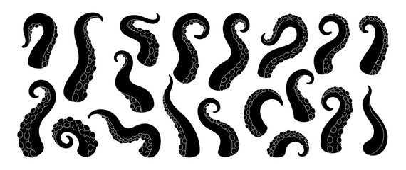 Squid tentacles with suction cups. Vector curled octopus arms for nautical design, underwater fantasy monster and marine themes