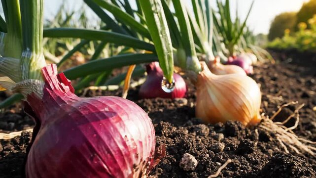 Close-up of red and yellow onions growing in rich soil, farm field, organic agriculture