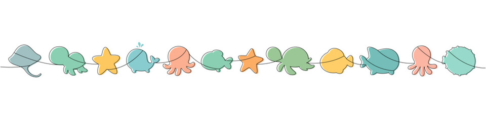 Pastel one-line ocean animals. Cute colorful silhouettes of stingray, whale, octopus, turtle, starfish and fish