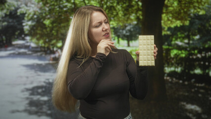 Blonde woman holds white chocolate bar at eye level while scratching head with left hand in tree...