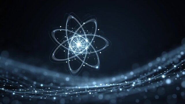 Glowing atomic structure orbits dynamically against a dark blue background depicting advanced scientific concepts and technologies