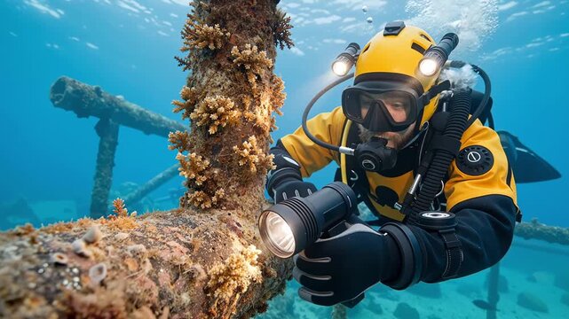 professional scuba diver using a flashlight to inspect a submerged metal structure covered with marine growth, illustrating underwater exploration, inspection work, and ocean environment