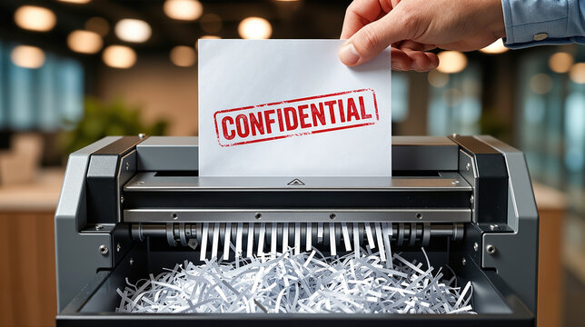 hand placing a confidential document into a paper shredder, representing data protection, privacy, and secure disposal of sensitive information in an office setting