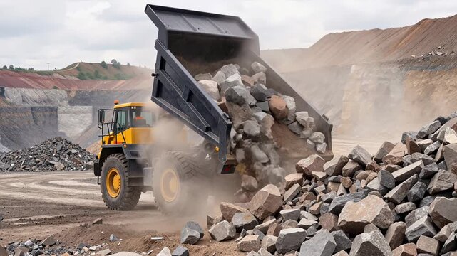 heavy dump truck unloading rocks in an open quarry, illustrating mining activity, raw material extraction, and industrial construction operations