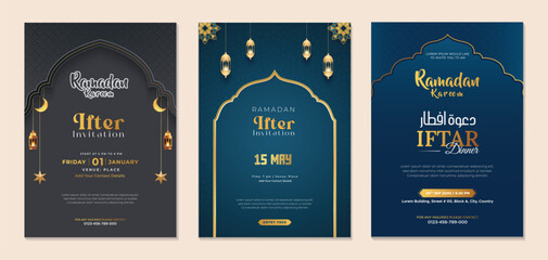 Naklejka premium Vintage luxury islamic invitation card with golden frame design vector set 