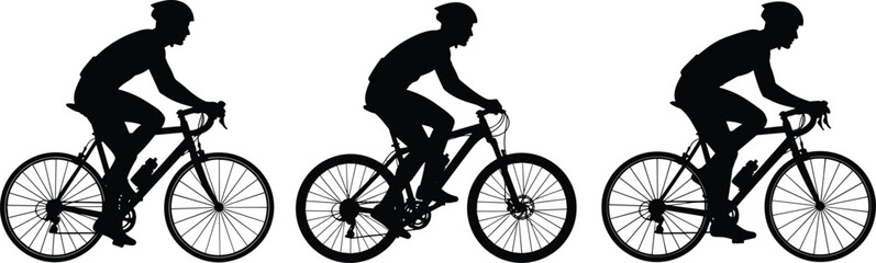 Obraz premium Side view silhouettes of professional male cyclists riding road and mountain bikes in a row isolated on white background for triathlon or race concept