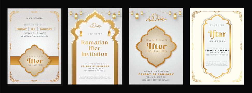Golden luxury ramadan kareem iftar invitation card vector set  