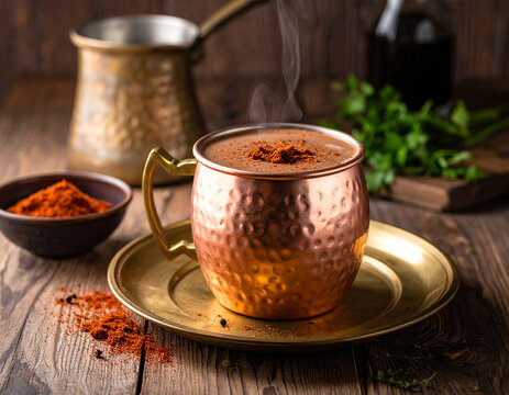 Hot chocolate with pinch of smoked paprika and soy sauce served in copper mug indoors.