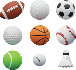 Diverse collection of popular athletic equipment and sports balls, including football, basketball, soccer, golf, and tennis, representing a wide range of competitive games and recreation activities