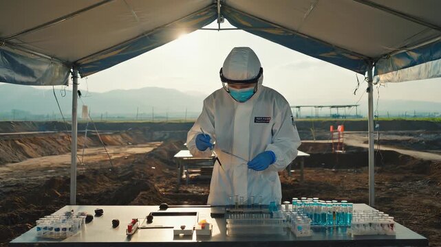 Scientist in protective suit performs lab analysis in outdoor field setting, handling test tubes with precision.