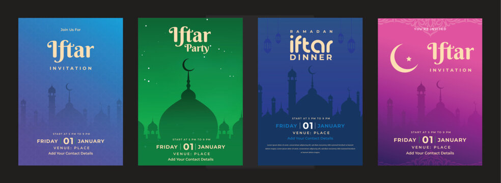 Set of ramadan kareem Iftar invitation, iftar party invitation, iftar dinner invitation background template. 