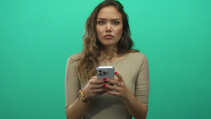 Woman holding smartphone with serious expression isolated on green background, focusing intently on mobile display, suggesting communication or browsing activities.