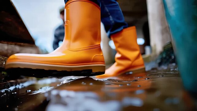 Homeowner inspecting basement flooding in rubber boots, water damage cleanup and restoration concept